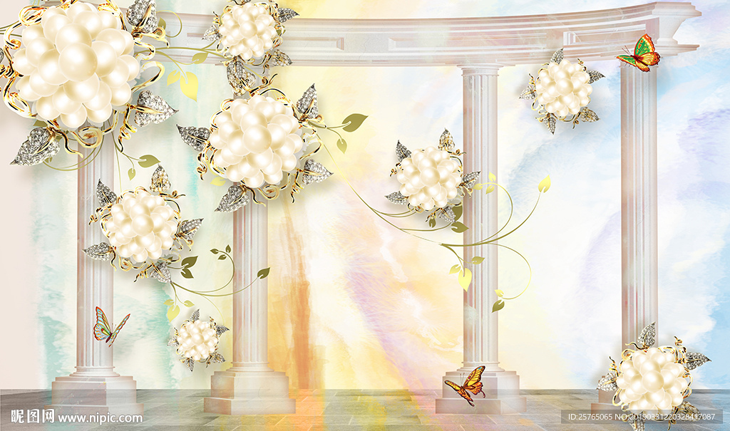 欧式珍珠花卉大理石电视背景墙