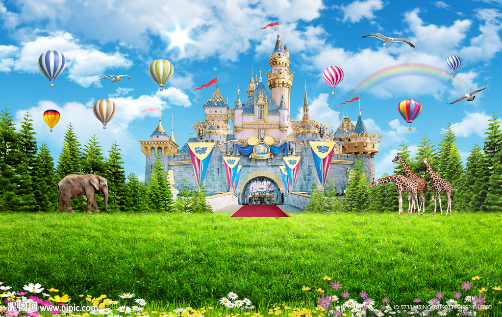 梦幻城堡蓝天草地儿童房玄关屏风