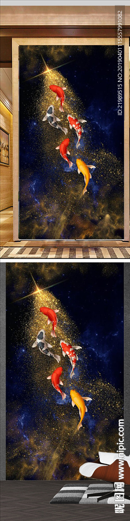 轻奢现代风金箔锦鲤玄关装饰画