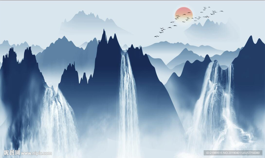 新中式水墨山水瀑布风景电视背景
