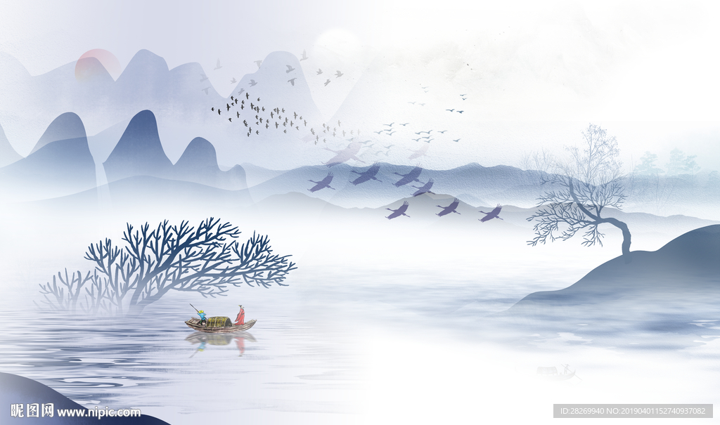 蓝色山水画
