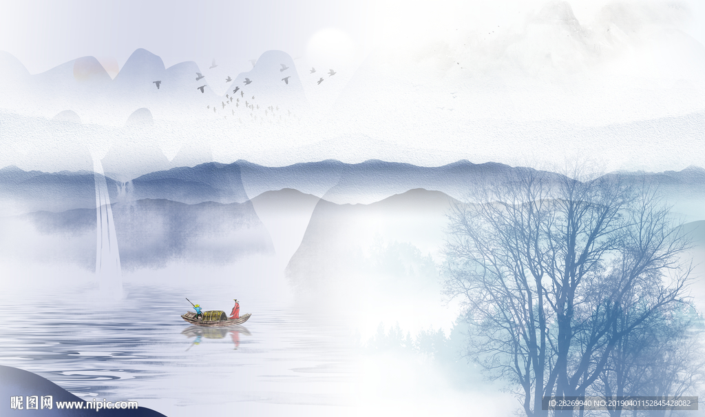 蓝色山水画