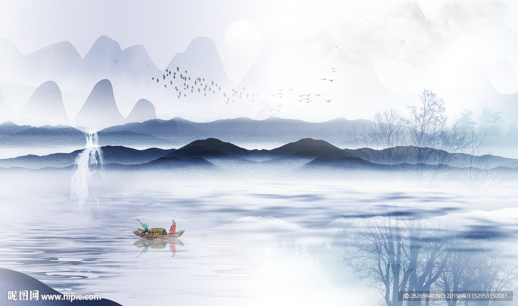 蓝色山水画