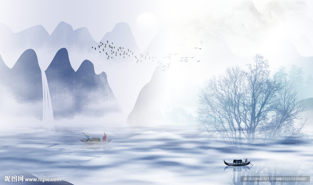 蓝色山水画