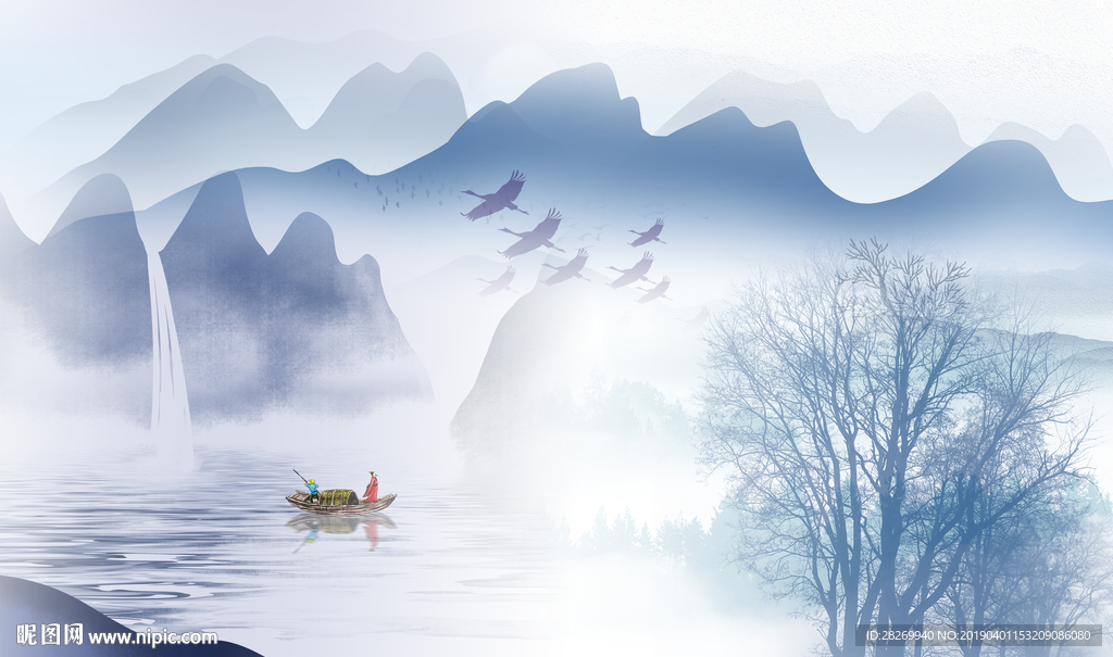 蓝色山水画