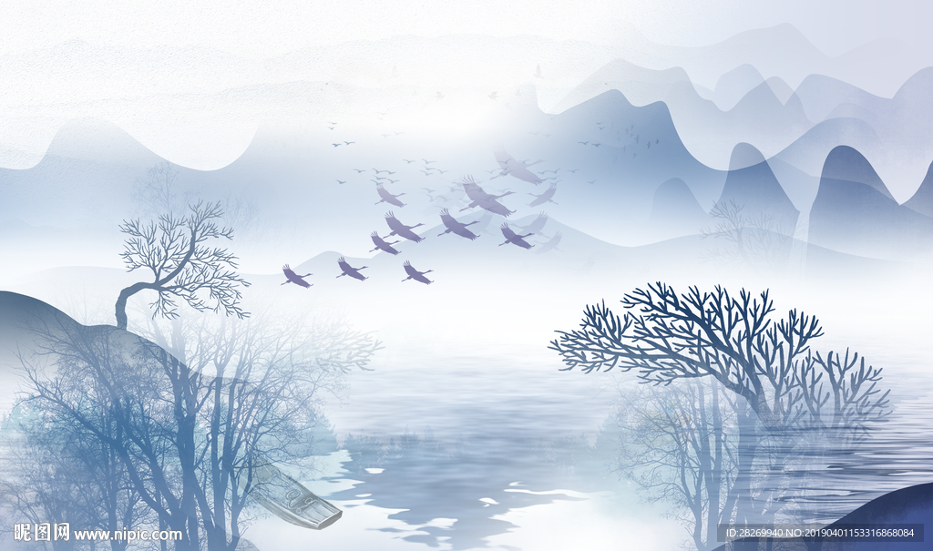 蓝色山水画