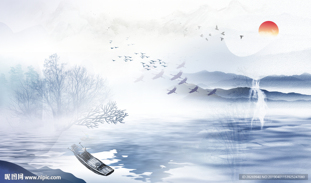 蓝色山水画