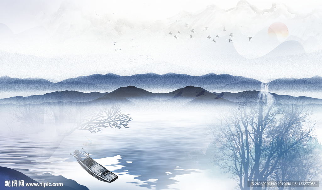 蓝色山水画