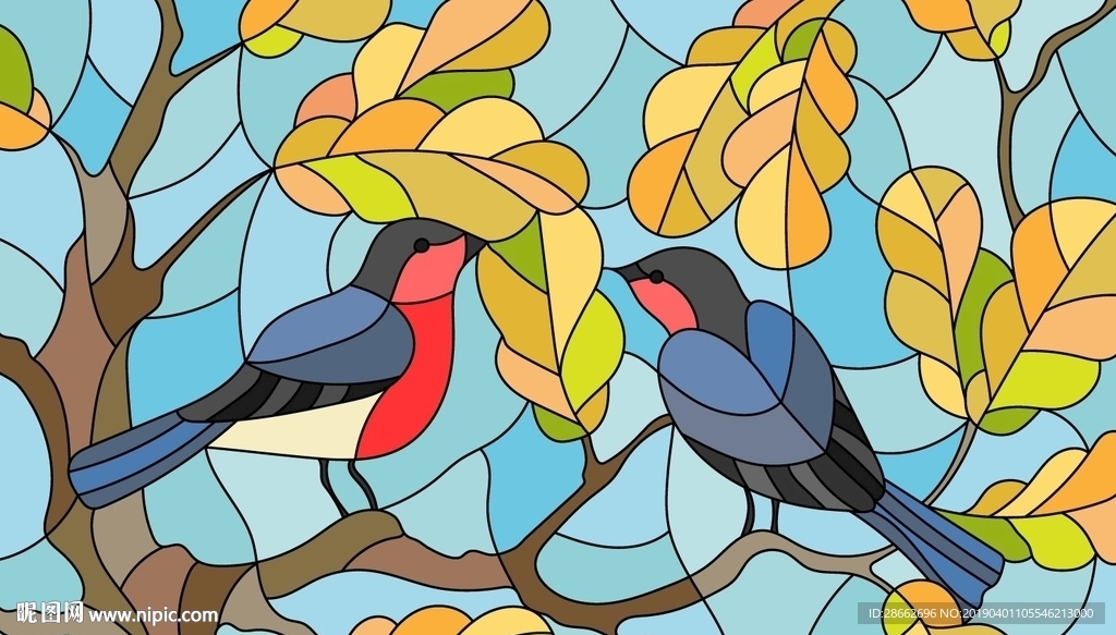 抽象喜鹊树叶插画插图
