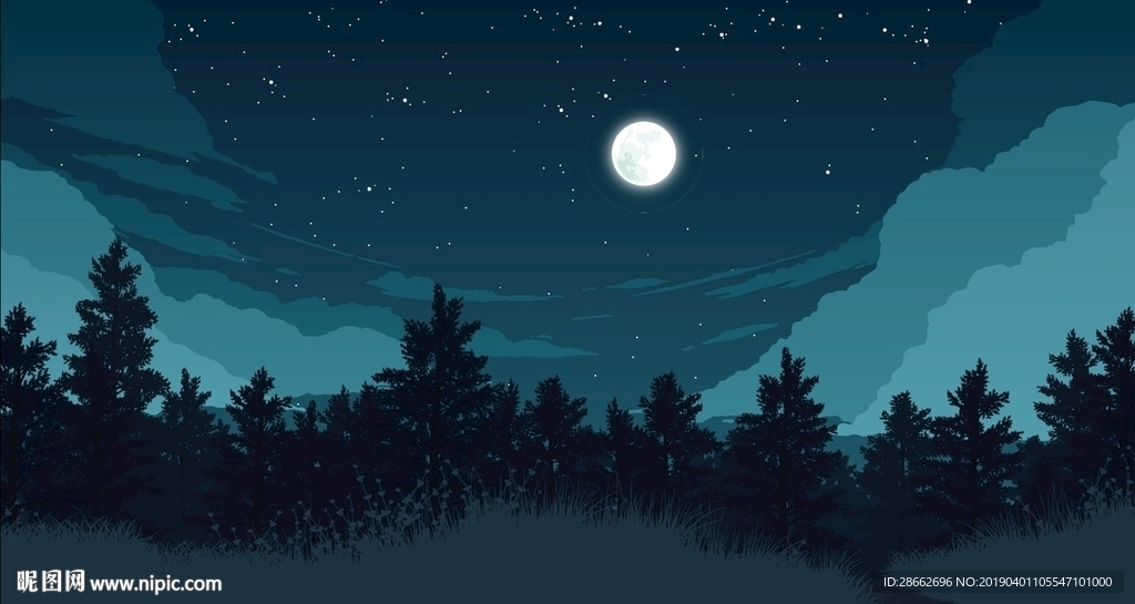 森林夜景风景插画插图
