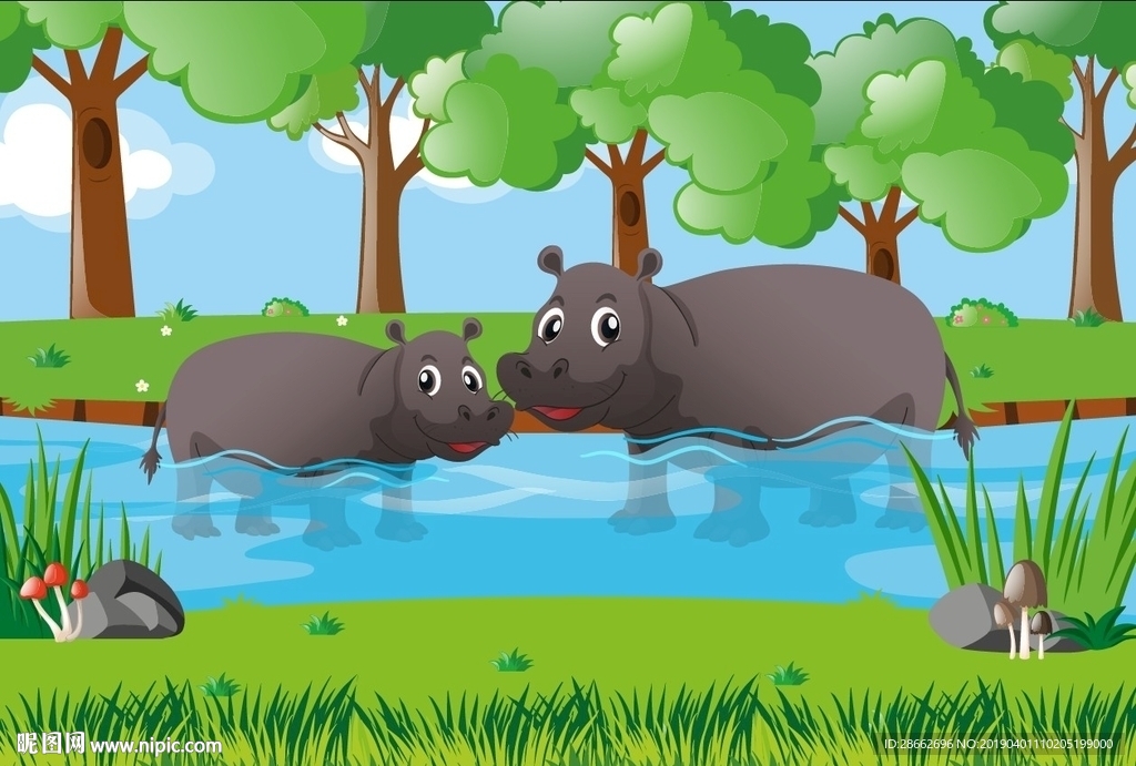 卡通动物河马山林插画插图
