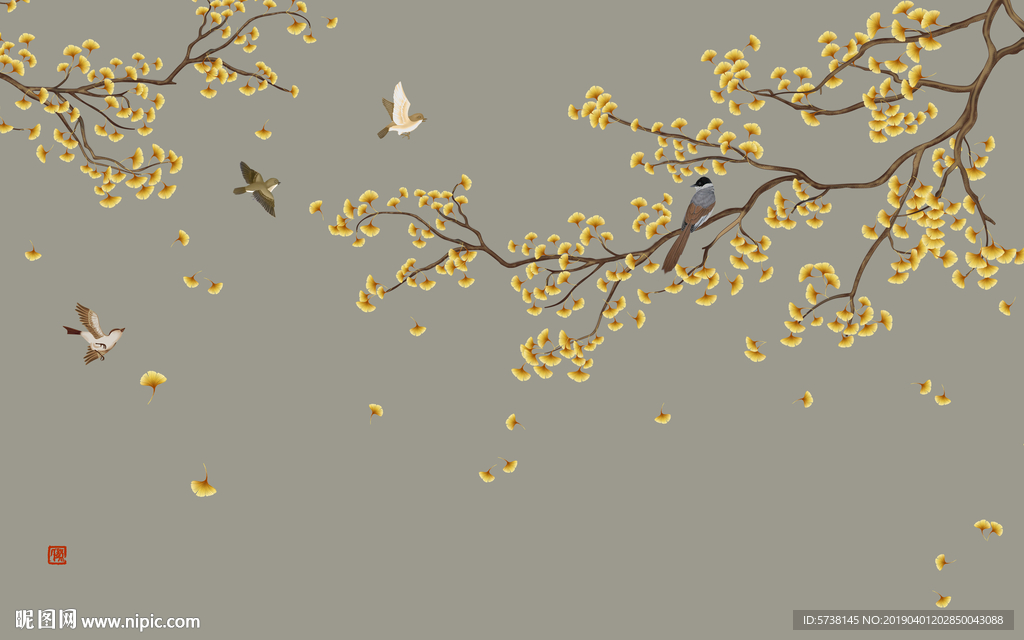 中式银杏玄关屏风电视背景装饰画