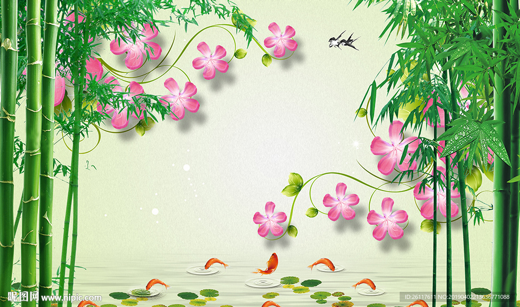 现代花卉中式竹子九鱼电视背景墙