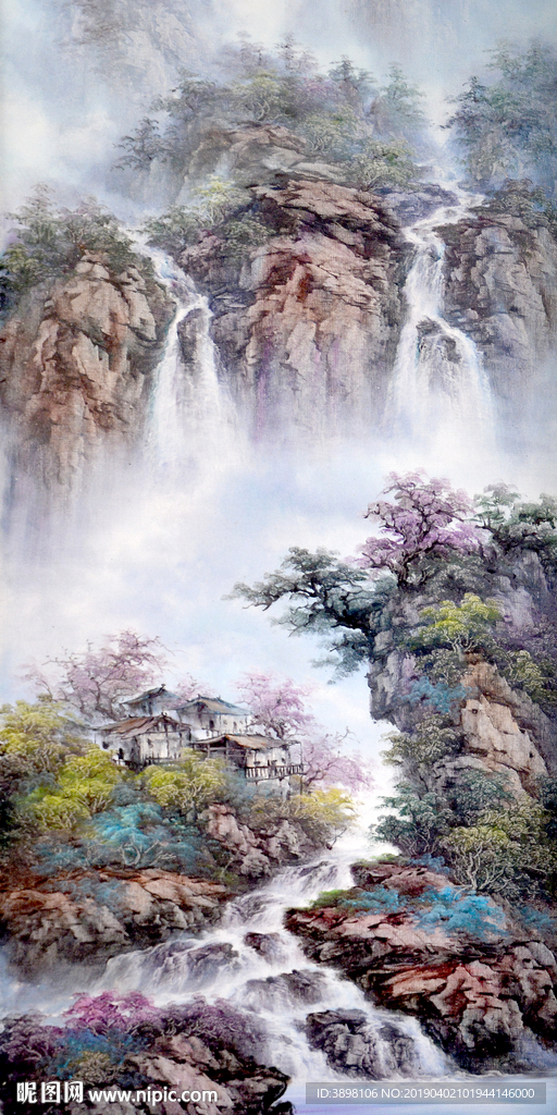 山水瀑布玄关背景墙
