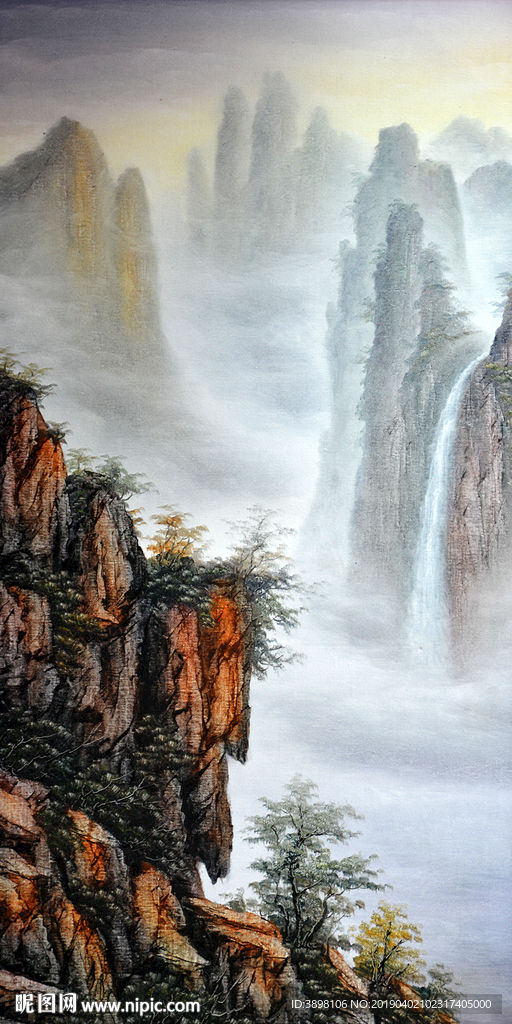 油画山水仙境玄关背景墙