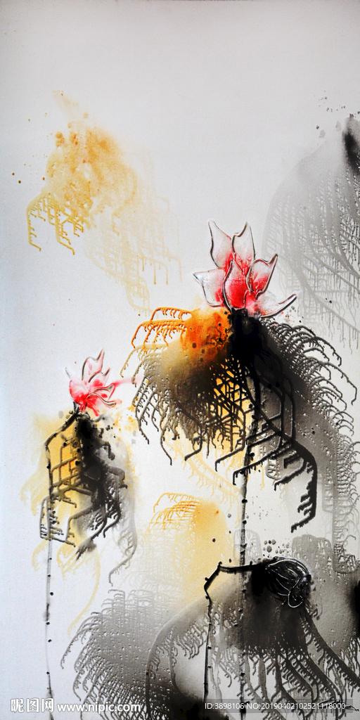 手绘水墨艺术荷花玄关背景墙