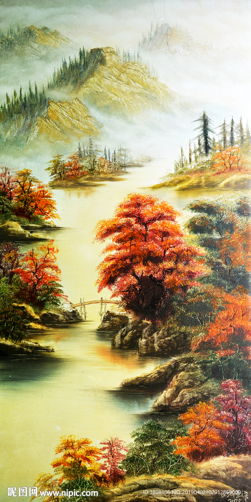 手绘艺术油画山水玄关装饰画