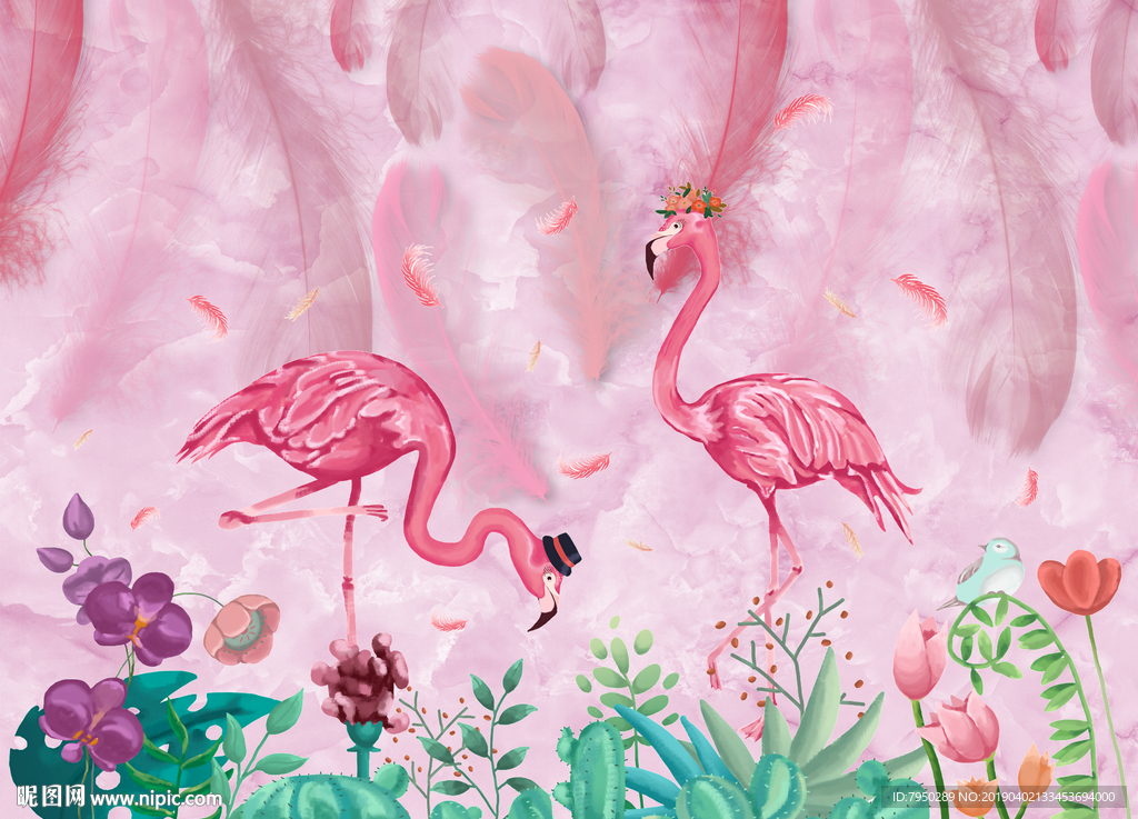 北欧羽毛火烈鸟背景墙