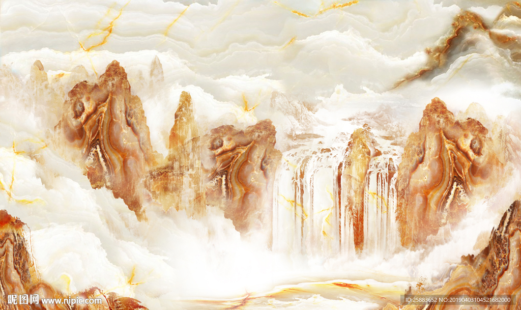 瀑布山水画大理石电视背景墙