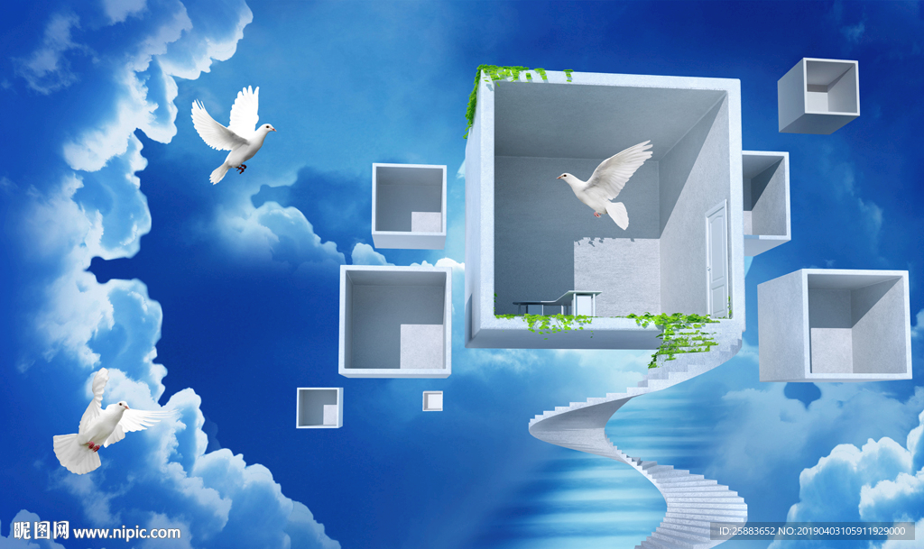 蓝天白云鸽子3D电视背景墙