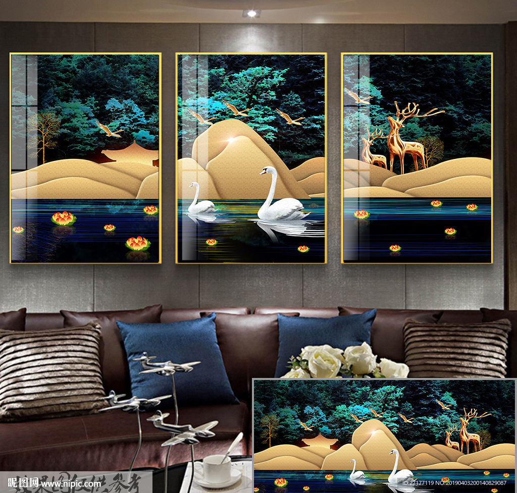 北欧轻奢侈麋鹿山峦晶瓷装饰画