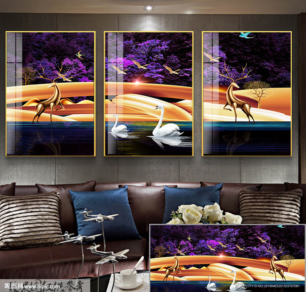 北欧麋鹿森林金色晶瓷装饰画