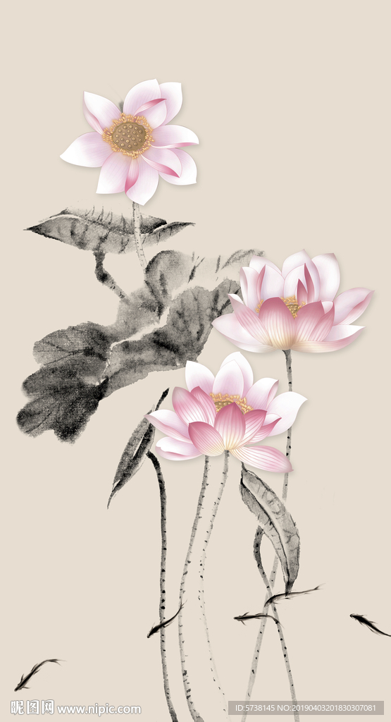 水墨荷花新中式创意玄关屏风电视