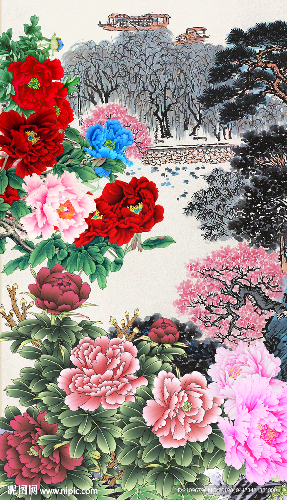 电视背景  玄关花开富贵