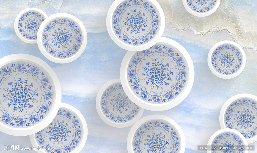 青花瓷圆圈背景墙