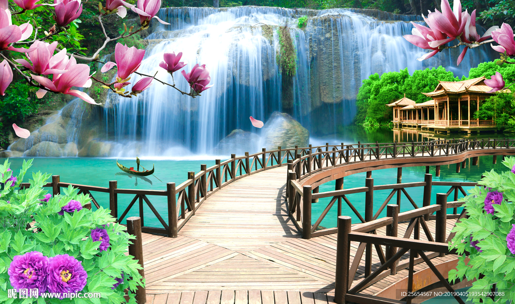山水瀑布背景墙装饰画