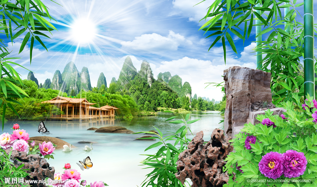 山水瀑布背景墙装饰画
