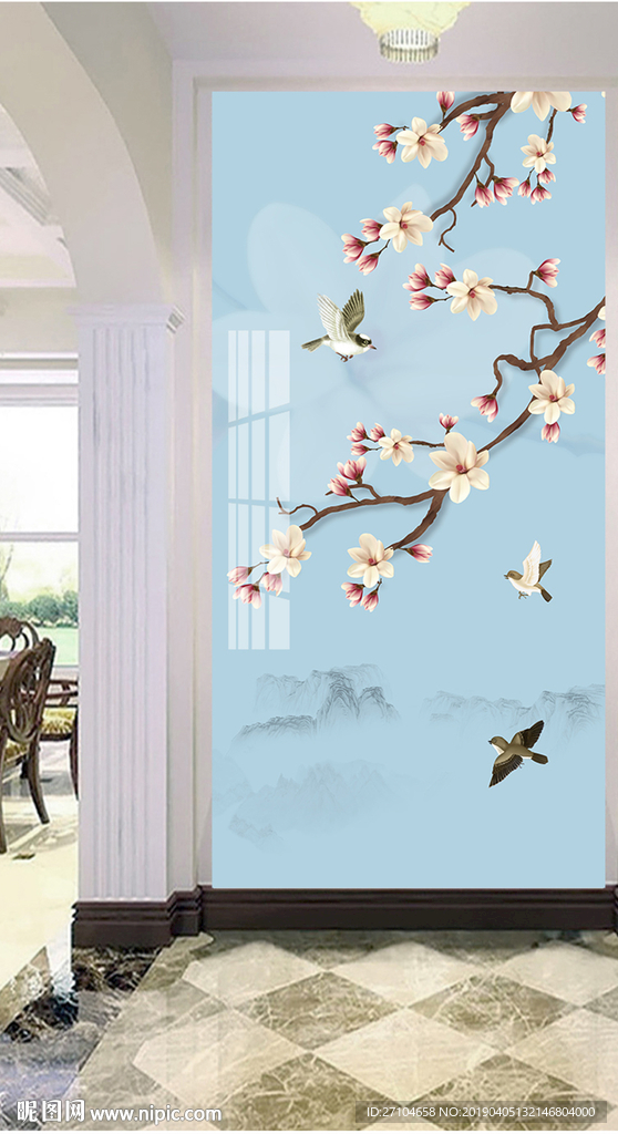 新中式工笔玉兰花鸟玄关装饰画