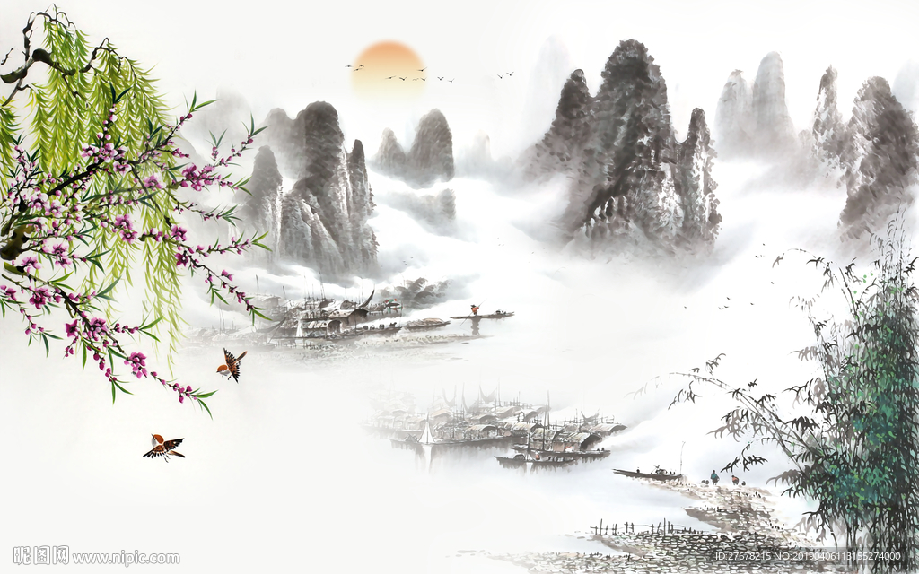 新中式意境水墨山水画背景墙