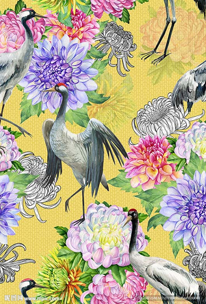 手绘花卉菊花鸟服装印花素材