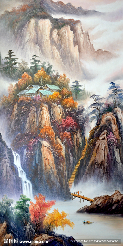 手绘山水瀑布酒店玄关装饰画