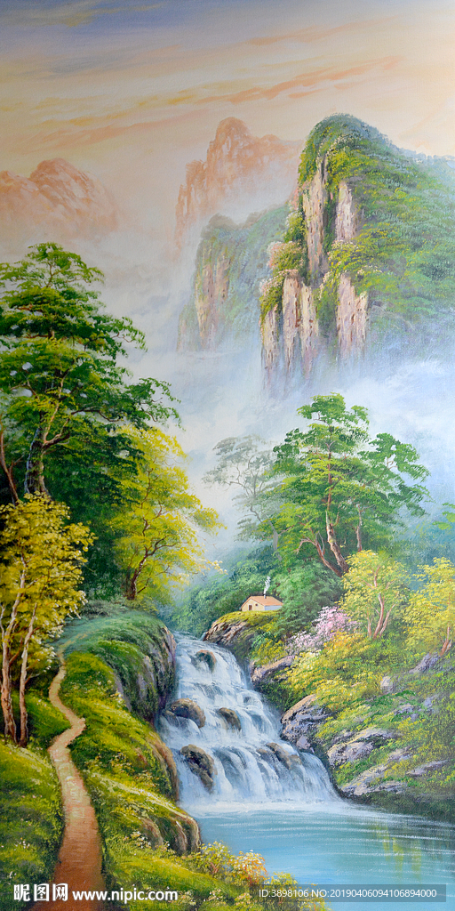 手绘油画山水风景背景墙