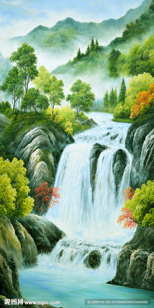 手绘油画玄关瀑布玄关装饰画