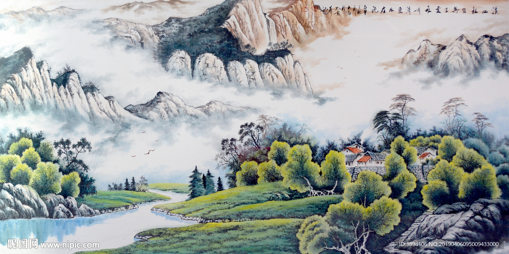 艺术工笔手绘田园山水背景墙