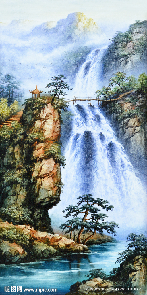 艺术手绘山水瀑布玄关背景墙