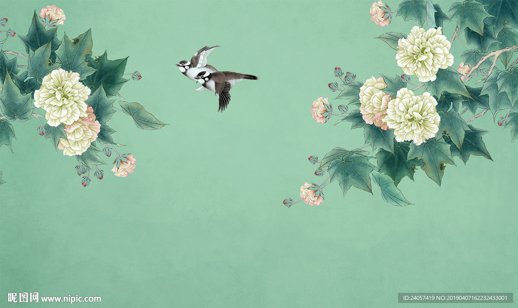 新中式芙蓉花工笔花鸟背景墙装饰