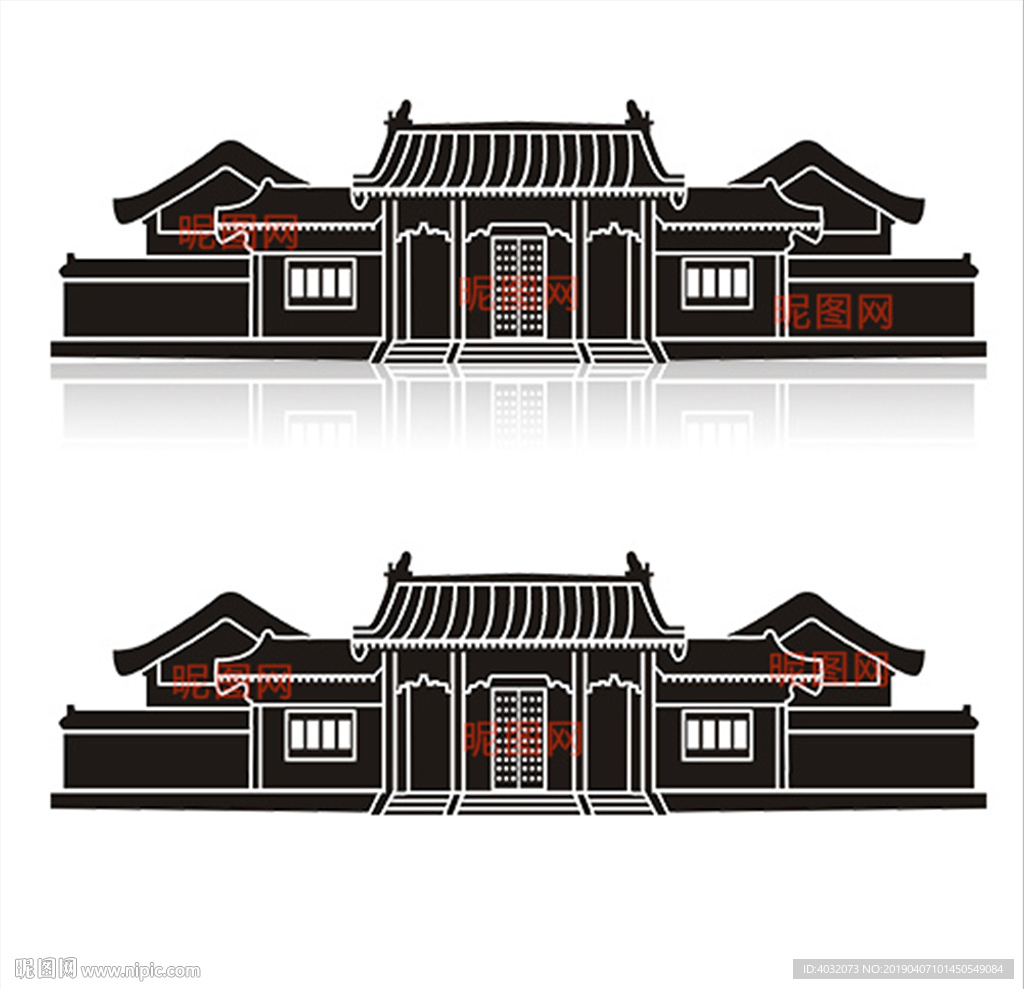 中国古典建筑四合院剪影矢量图