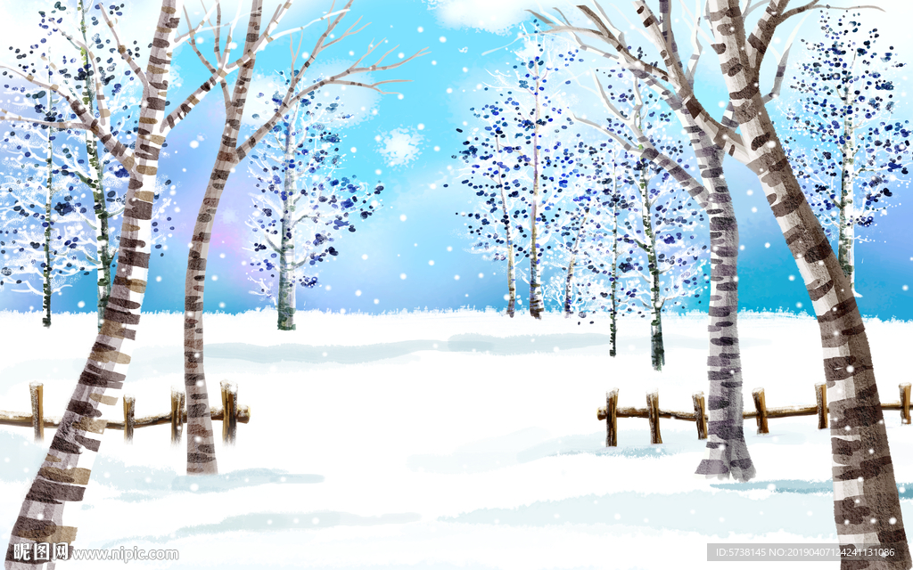 唯美插画雪森林玄关屏风电视背景