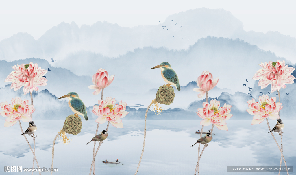 中国风水彩花鸟山水背景墙