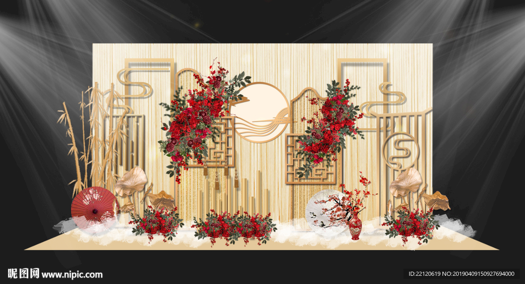 香槟色新中式红色婚礼迎宾区