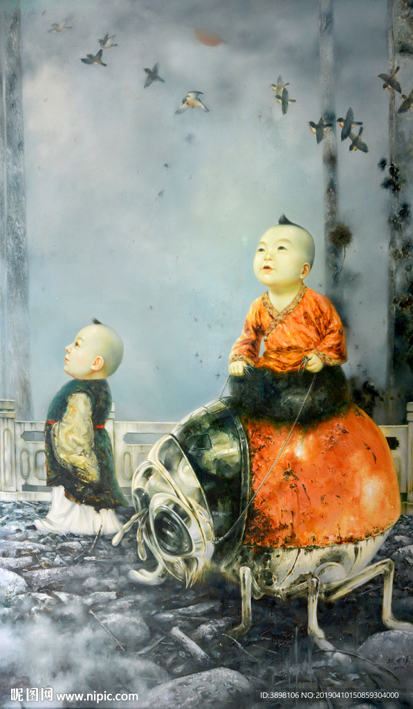 手绘仙童艺术玄关背景墙