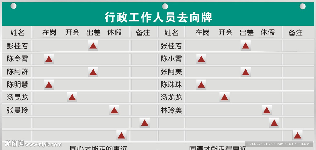 行政工作人员去向牌