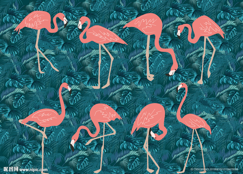 北欧热带植物火烈鸟背景墙