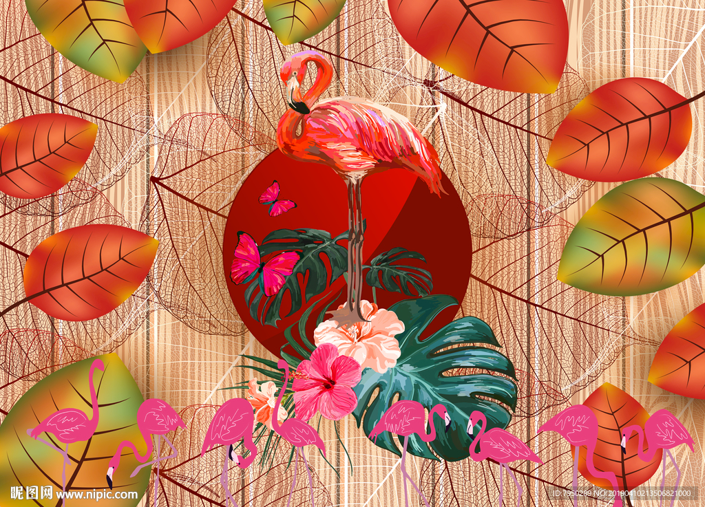 北欧热带植物火烈鸟背景墙