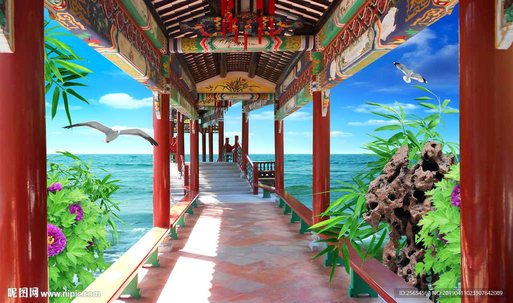 海滩 3D走道电视背景墙