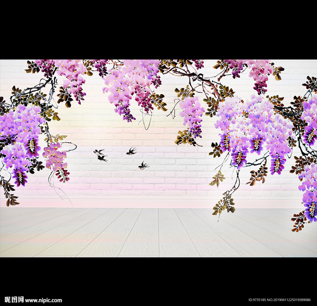 手绘浪漫紫藤花背景墙壁画